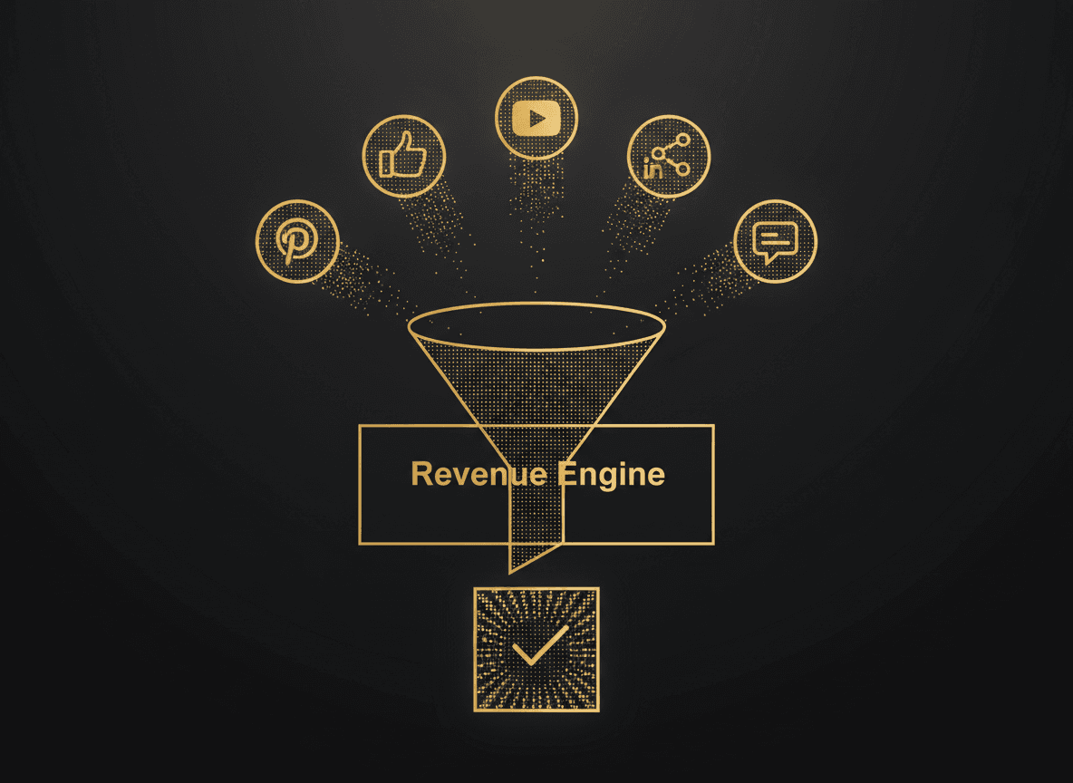 Simple funnel diagram: seven social profile icons feeding into one 'Revenue Engine' box that outputs a confirmed booking.