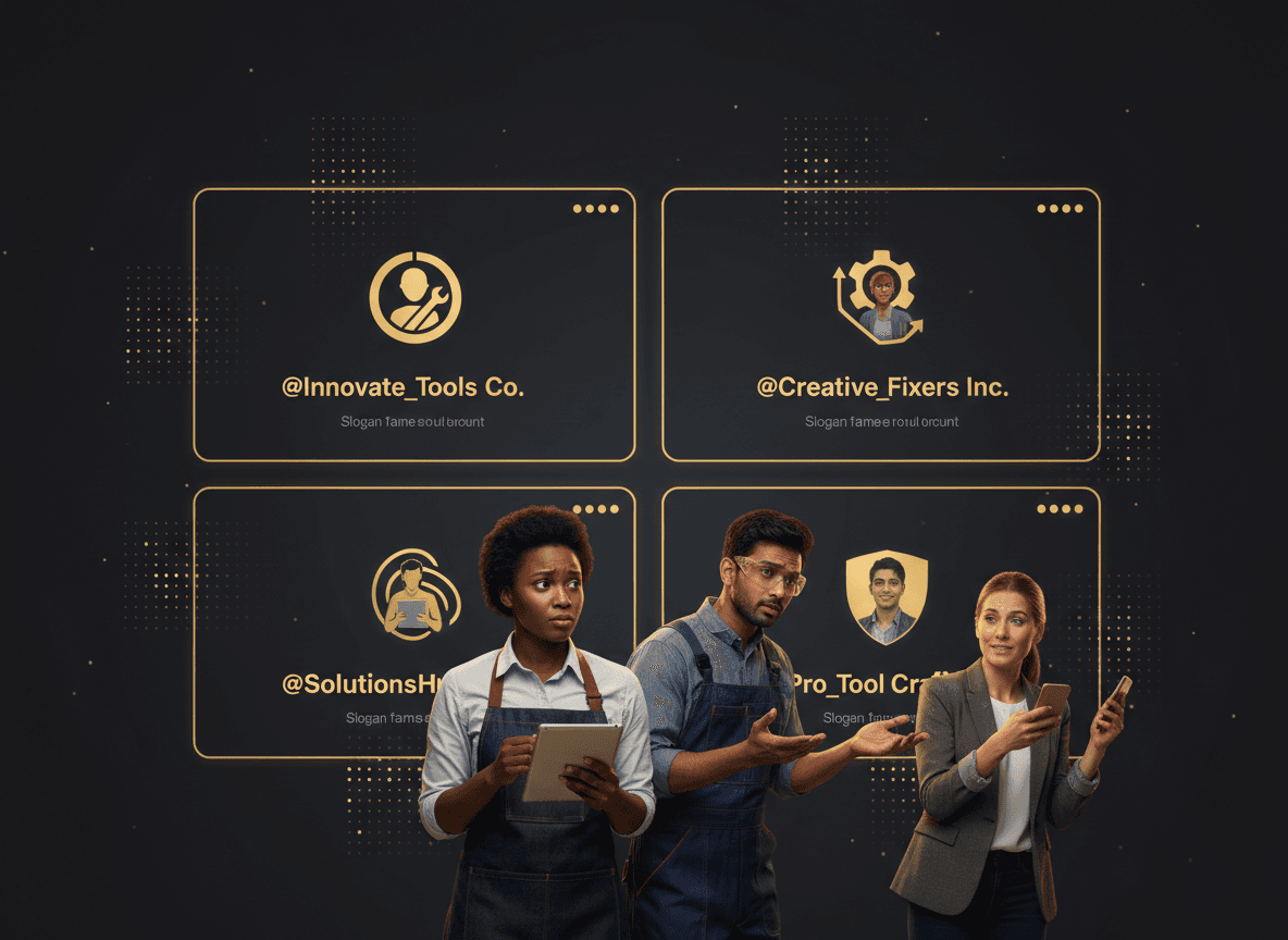 Side-by-side mockup of the same business shown across four social profiles with mismatched names, logos, and handles — visually driving home the 'confused customer' hook.