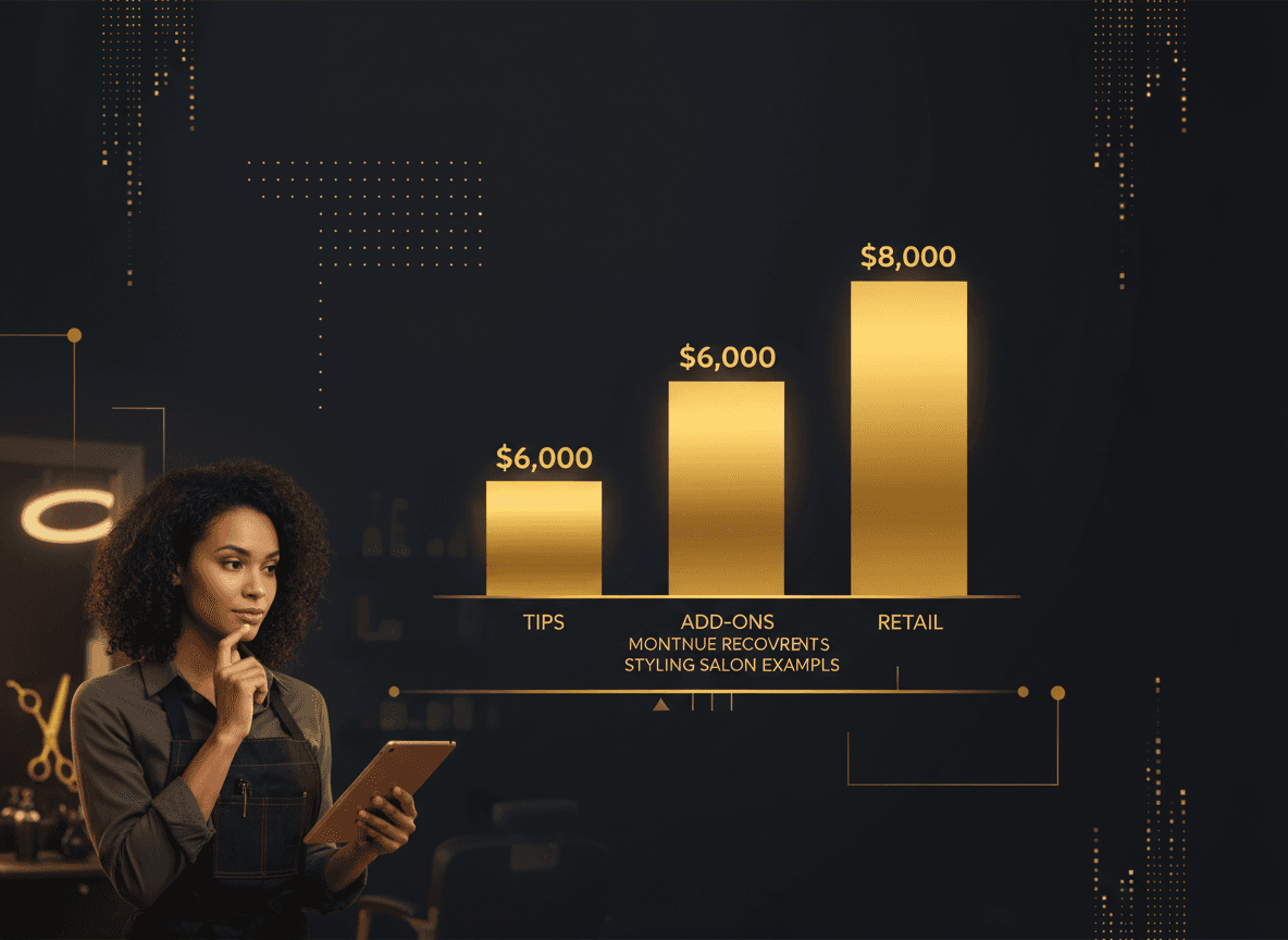 Simple illustrative bar chart showing monthly revenue recovered from tips, add-ons, and retail on a $30k/mo salon example.
