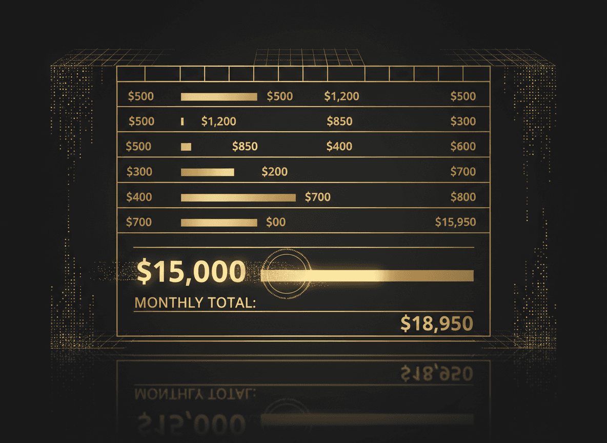 A simple spreadsheet or notebook mockup showing 7 revenue leak line items adding up to a monthly total, with the biggest number highlighted.
