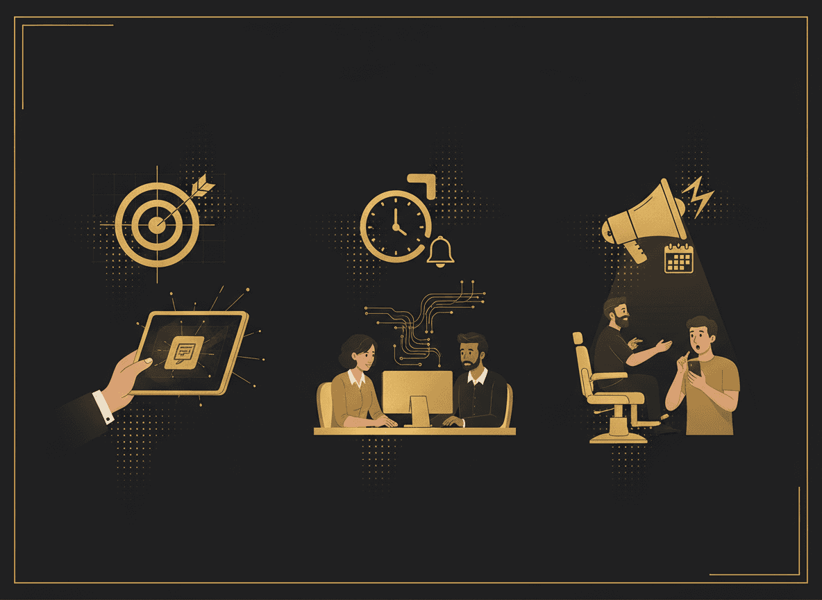Three-panel icon strip illustrating the plays: targeted offer text, waitlist auto-notify, last-minute slot broadcast.
