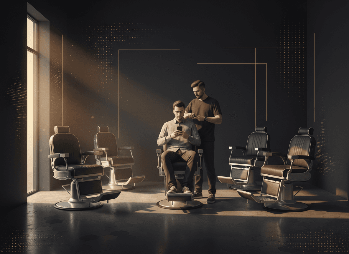 A near-empty barbershop or salon interior mid-week, one occupied chair and several empty ones, natural light — visually communicates wasted capacity.