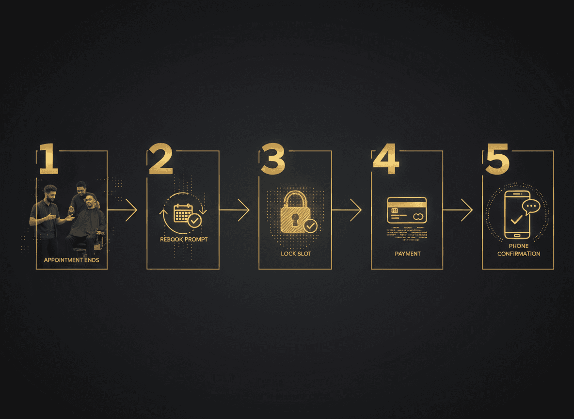 Numbered flow diagram of the integrated booking + check-out sequence (appointment ends → rebook prompt → lock slot → payment → phone confirmation).
