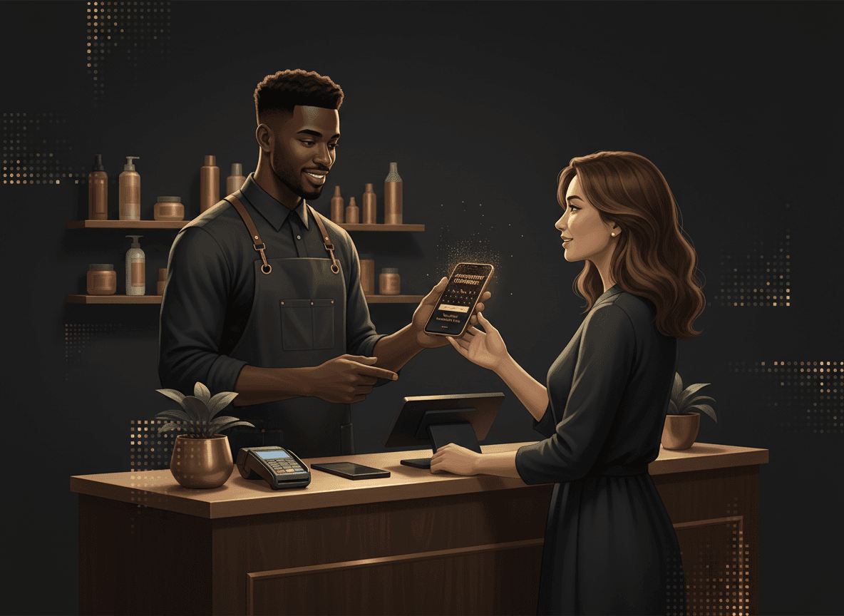 A stylist or barber at a modern check-out counter handing a client a phone showing a confirmed next-appointment calendar invite — captures the 'book before they leave' moment.