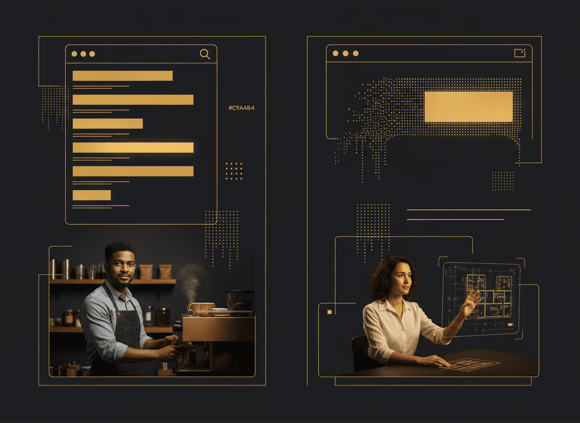 Split-screen image: a traditional Google blue-link results page on the left, a ChatGPT/Perplexity answer naming one business on the right — visualizing the shift from browsing to being recommended.