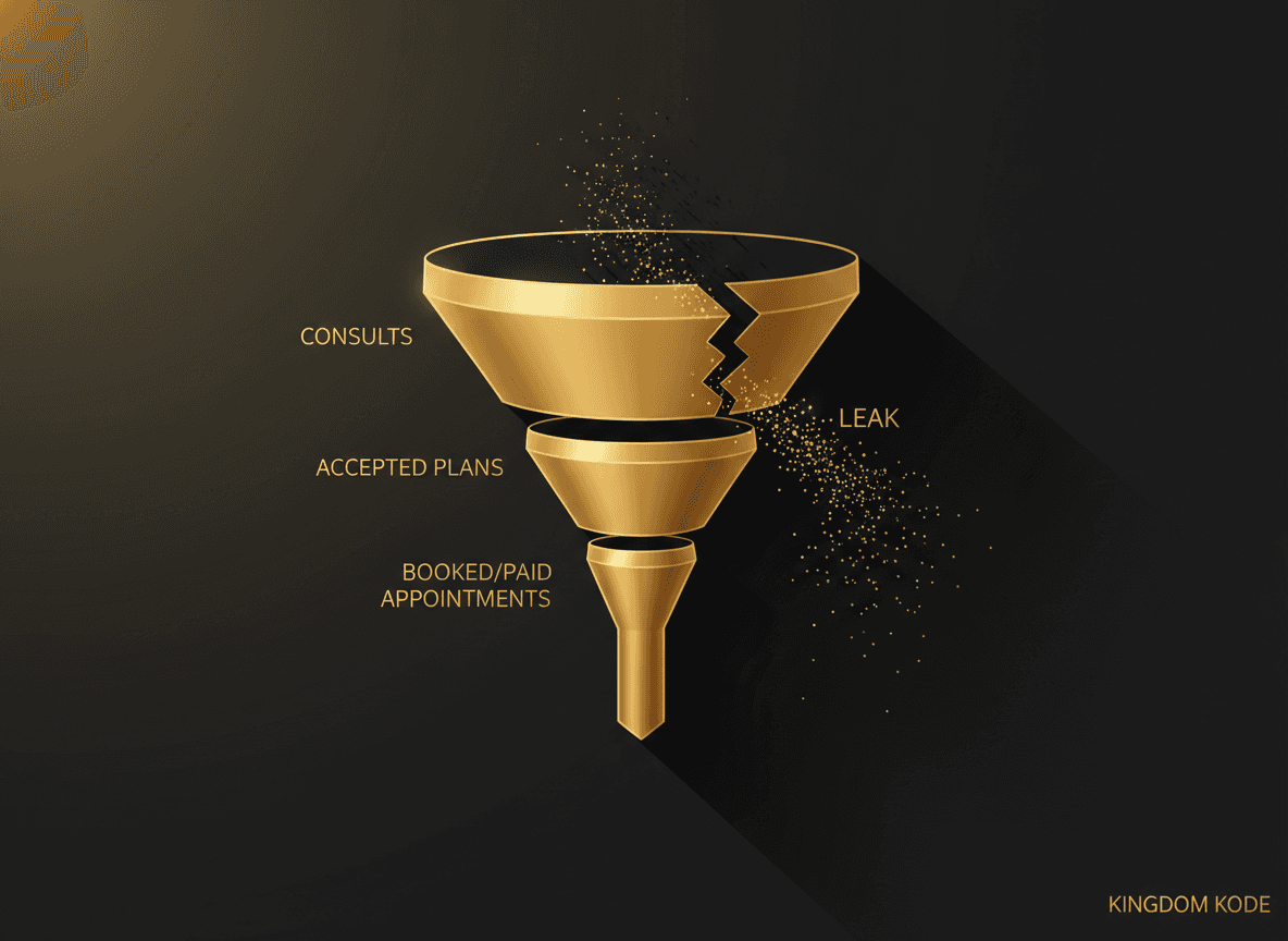 Simple funnel diagram showing consults → accepted plans, with a highlighted leak between consult and booked/paid appointment.