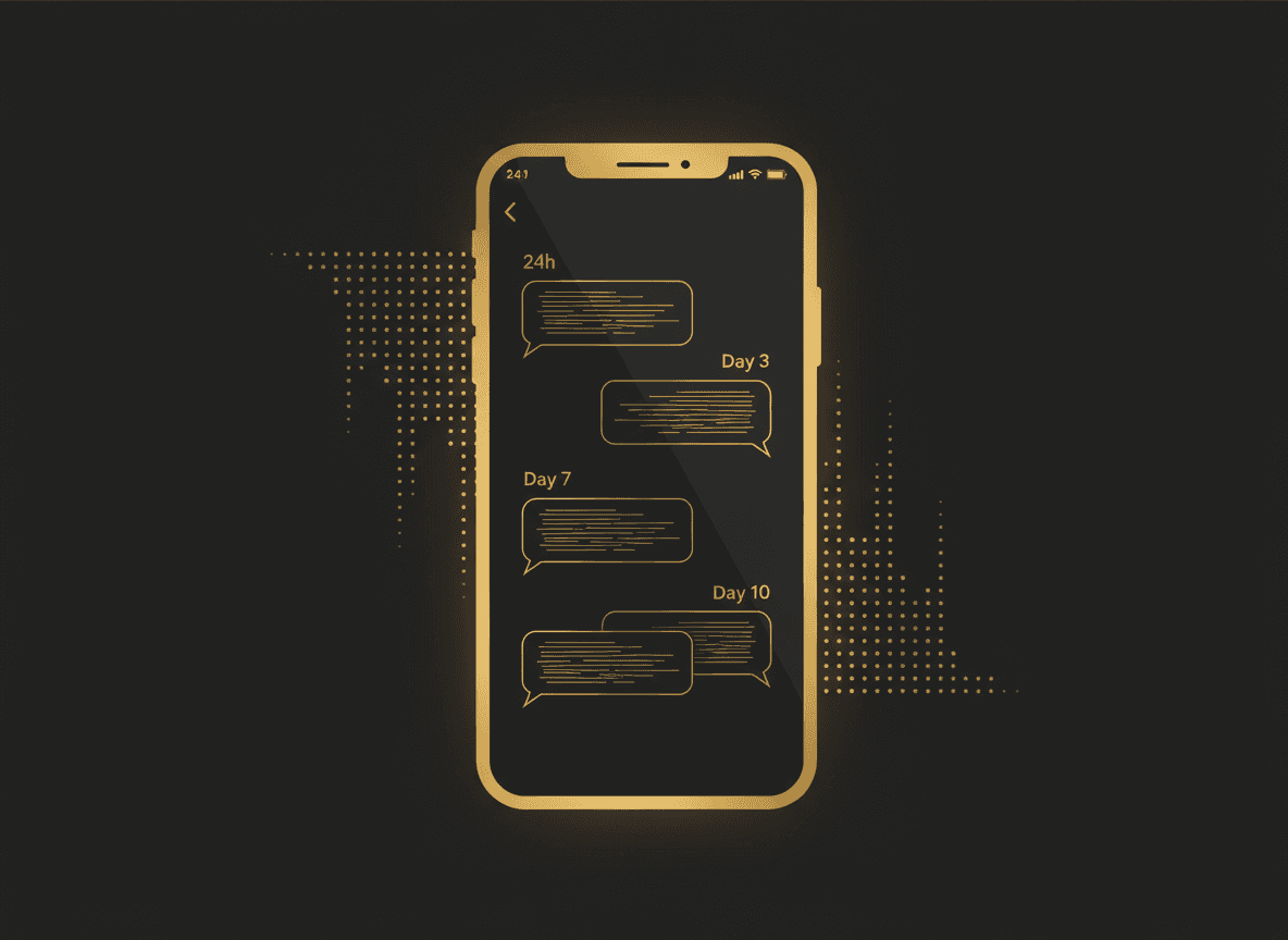 Screenshot-style mockup of an automated follow-up text sequence (24h, day 3, day 7, day 10) on a phone.