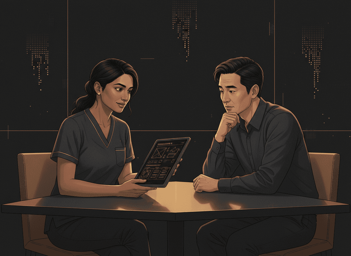A clinic consult room with a provider and patient reviewing a tablet showing an itemized treatment plan — conveys the moment of decision.