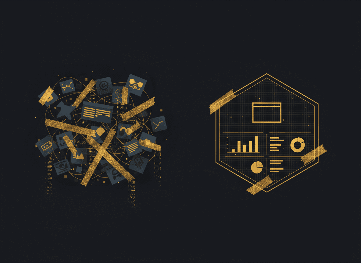 Split-image visual: on the left a chaotic web of disconnected app logos and spreadsheets held together with tape; on the right a single clean dashboard labeled 'system of record.'
