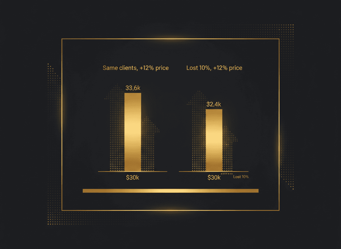 Simple two-column comparison graphic: 'Same clients, +12% price' vs 'Lost 10%, +12% price' both showing higher monthly revenue than the $30k baseline.