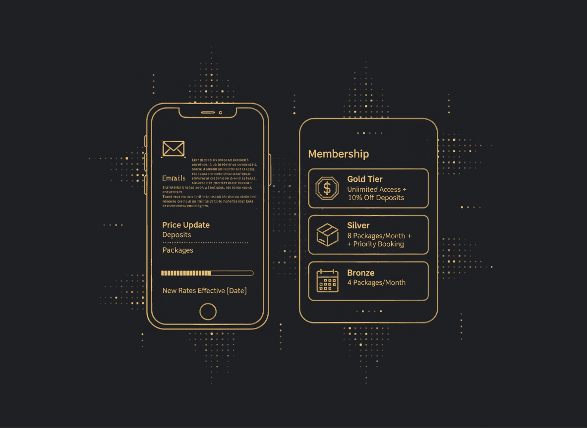 Screenshot-style mockup of a price-update announcement text/email and a membership plan card, illustrating deposits, packages, and memberships in action.
