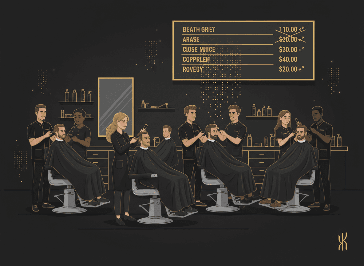 A busy barbershop or salon with a full chair rotation, price board visible on the wall — visually reinforcing 'fully booked at old prices.'