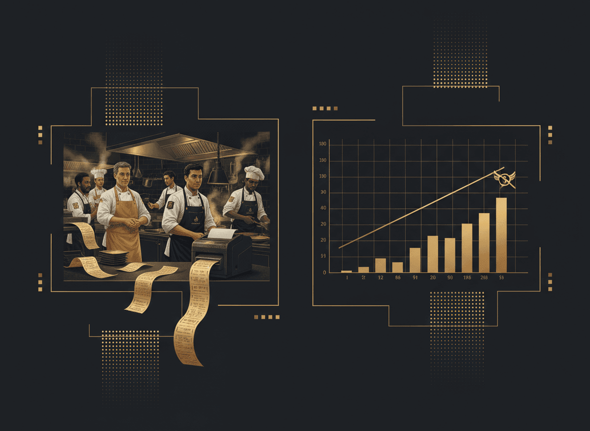 Split-screen visual: a slammed restaurant kitchen with printing tickets on one side, a nearly-flat bank balance graph on the other — dramatizing 'busy but not profitable.'