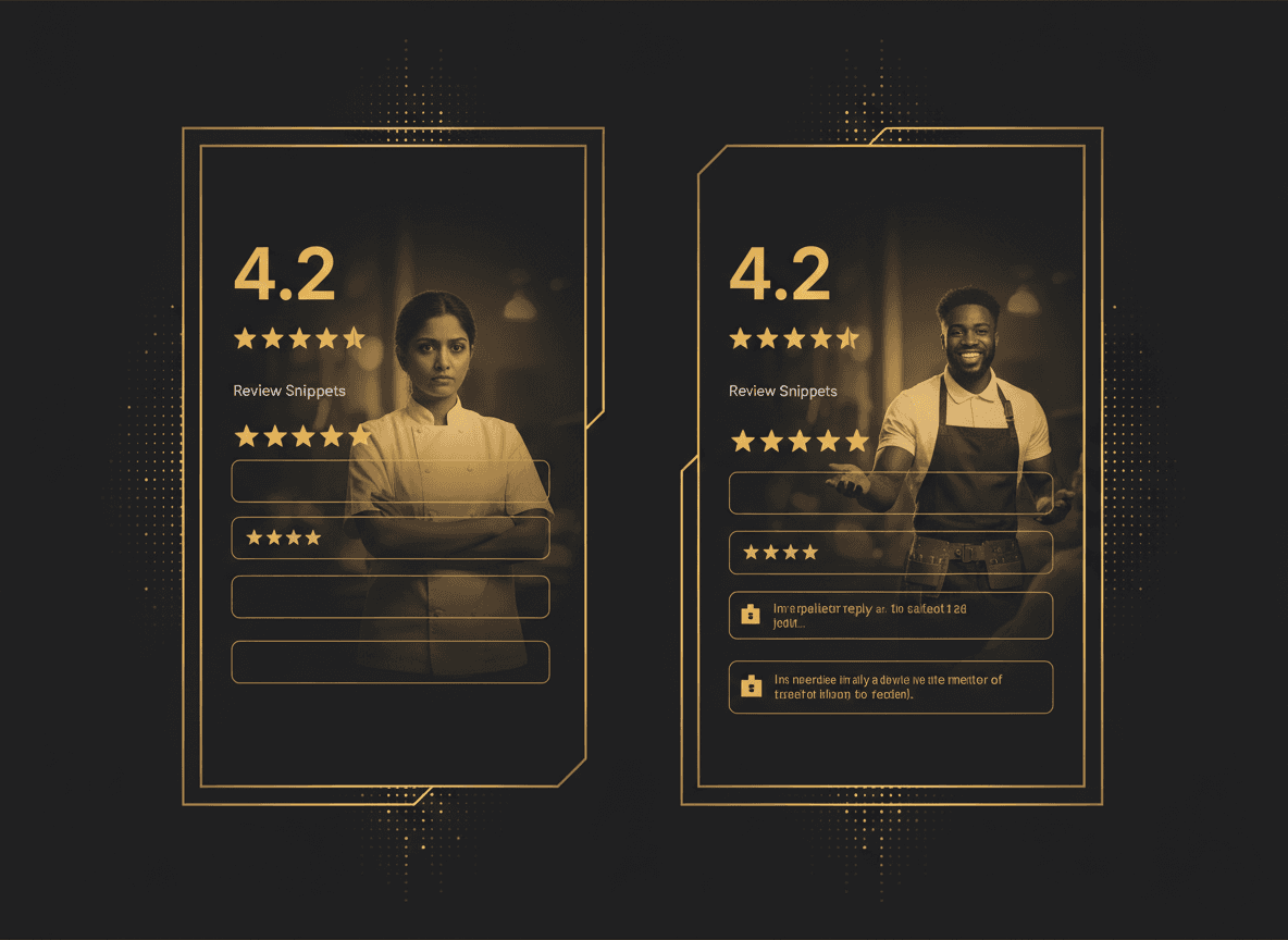 Split-screen mockup of two Google Business profiles: left shows a 4.2 rating with unanswered one-star reviews, right shows the same rating with visible owner replies under each negative review.