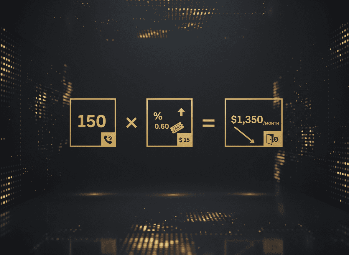 A simple graphic of the leak formula (missed calls × close rate × average ticket) with the barbershop numbers filled in, showing $1,350/month walking out the door.
