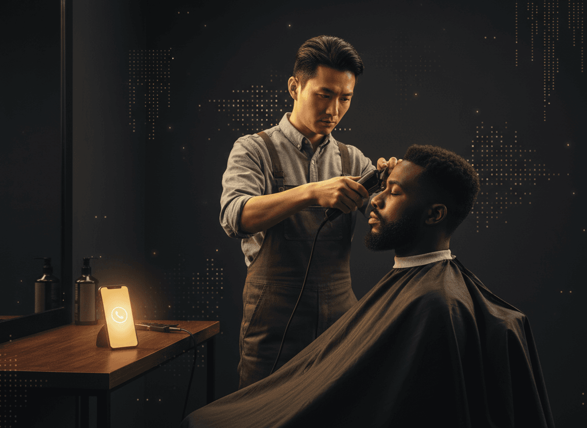 A barber mid-cut with clippers in hand while a phone lights up unanswered on the counter — visualizing the exact moment a call gets missed.