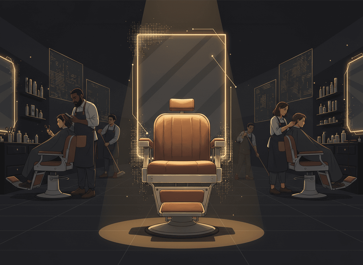 A photo of an empty barber chair or salon station in an otherwise busy shop, driving home the cost of the unused slot.