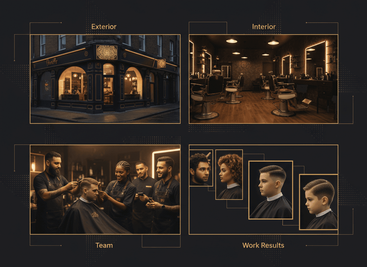 A four-quadrant grid labeled Exterior / Interior / Team / Work Results, each with a sample barbershop or salon photo to illustrate the categories.
