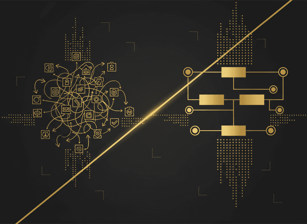 Contrast graphic: a tangled mess of app logos connected by manual arrows vs. a clean, connected system architecture — illustrating fragile vs. defensible tooling.