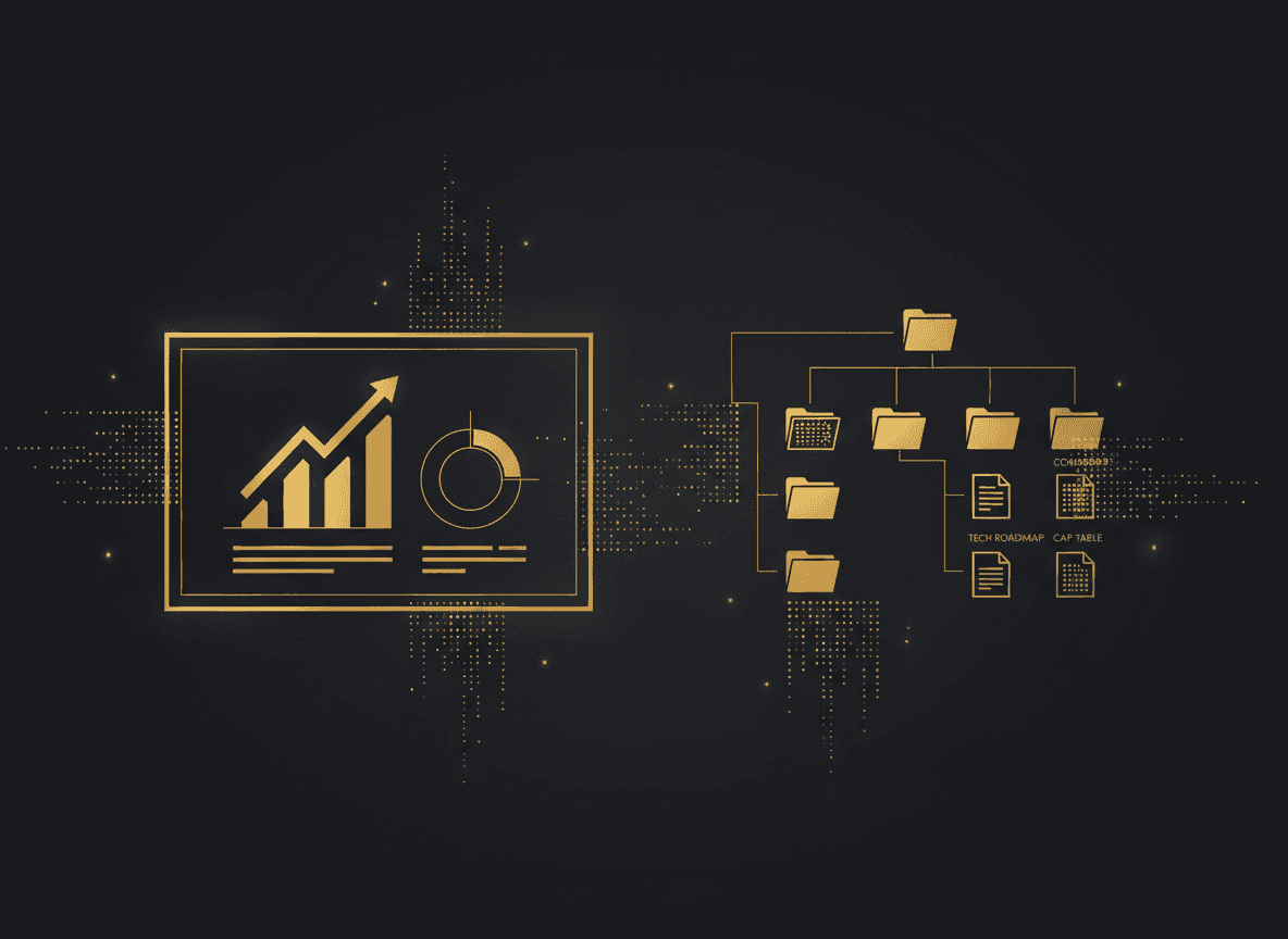 Split-screen image: a polished pitch deck slide on the left, a structured file tree of a data room (financials, cohorts, tech roadmap, cap table) on the right — visualizing deck vs. proof.