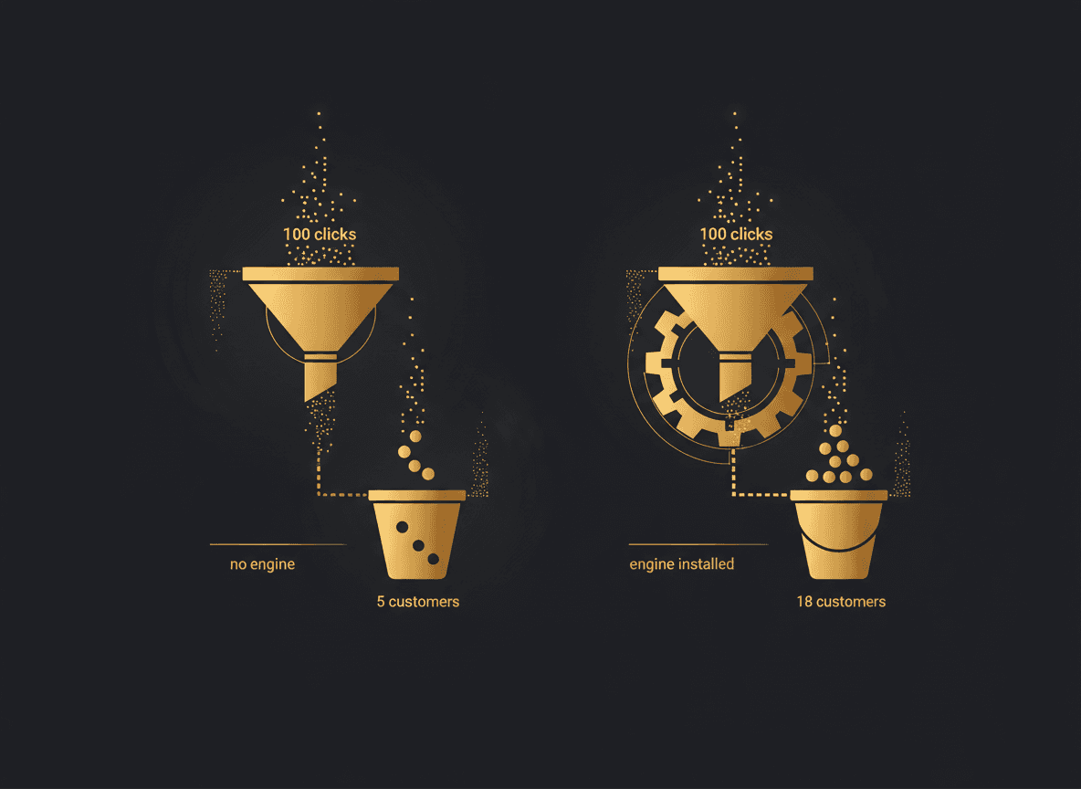 Simple funnel diagram comparing two paths: '100 clicks, no engine = 5 customers' vs '100 clicks, engine installed = 18 customers' to visualize the leaky bucket math.