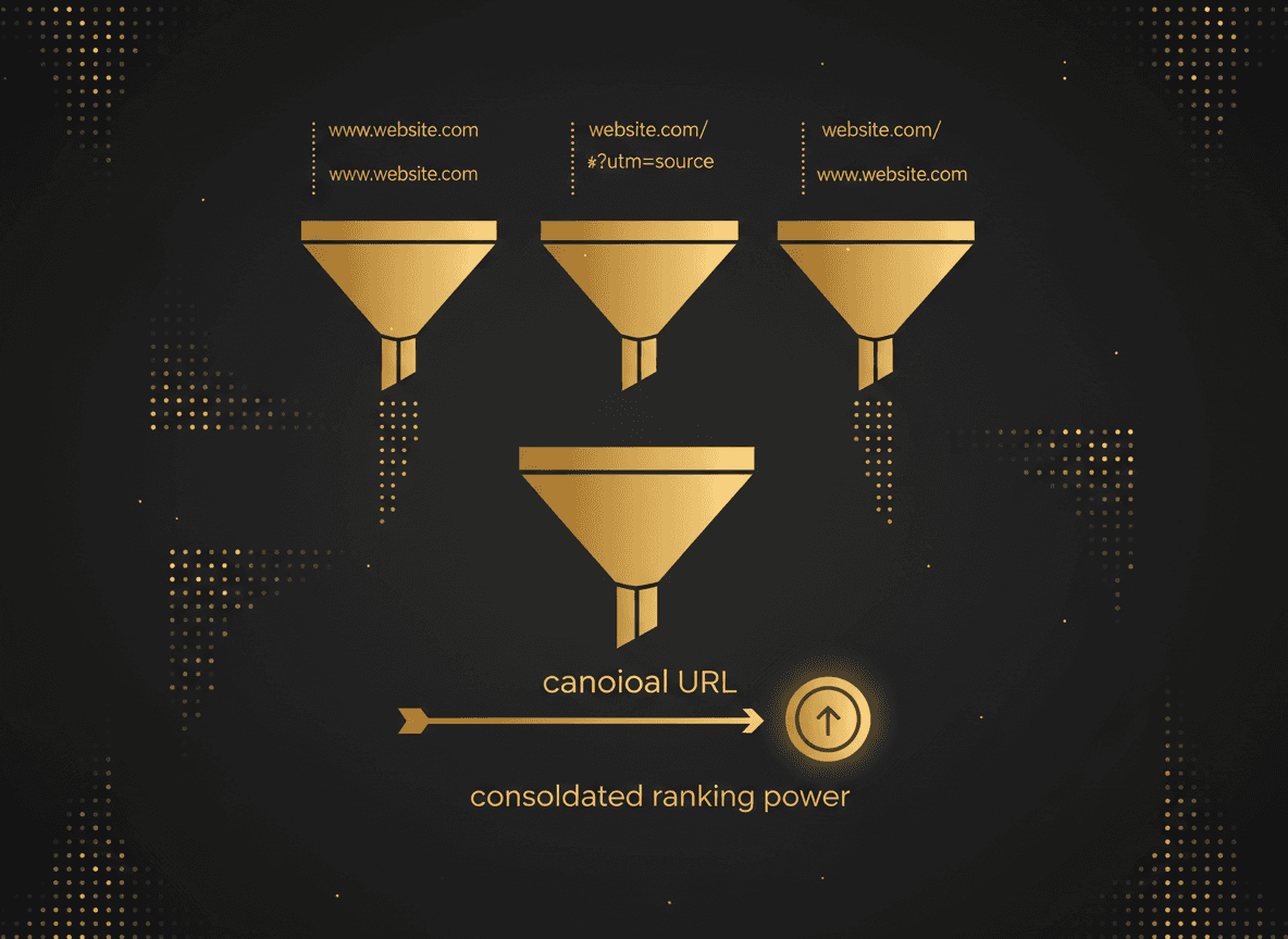 Simple diagram showing four duplicate URL versions (www, trailing slash, utm param) all funneling into one canonical URL, illustrating consolidated ranking power.