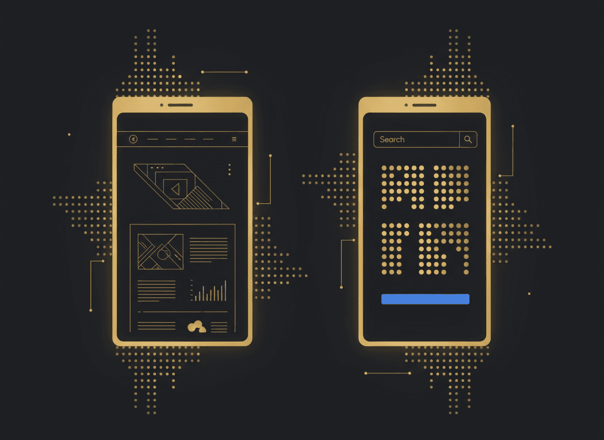 Split image: a clean, attractive website mockup on one side, and a Google search result showing 'no results' or a plain blue link on the other — visualizing 'looks great, invisible online.'