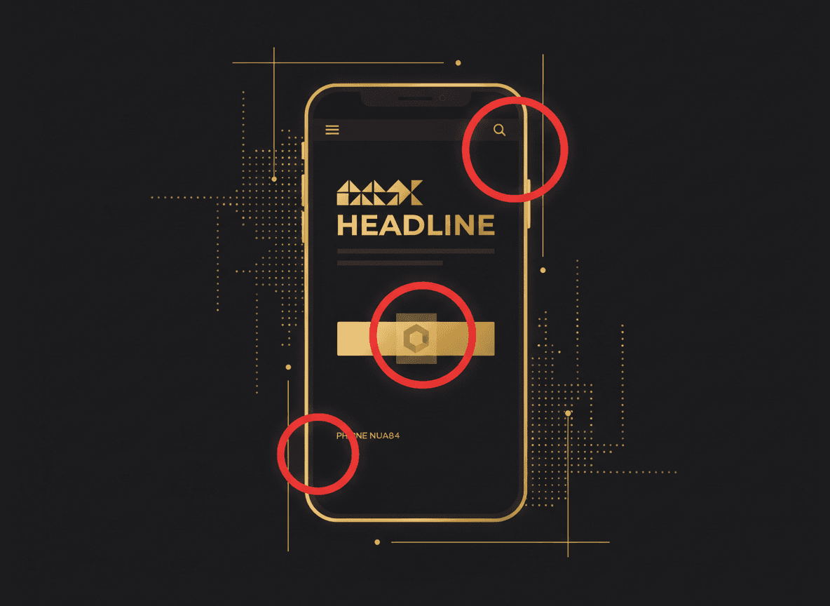 Annotated screenshot of a phone showing a homepage with red circles marking a buried phone number, hidden CTA, and company-focused headline.