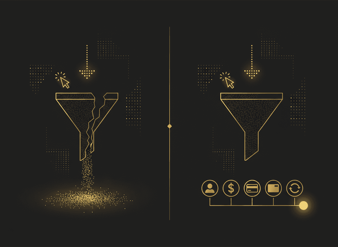 Simple before/after graphic: 'leaky bucket' funnel vs. 'sealed Revenue Engine' funnel showing the same click converting to a booked, paid, repeat customer.