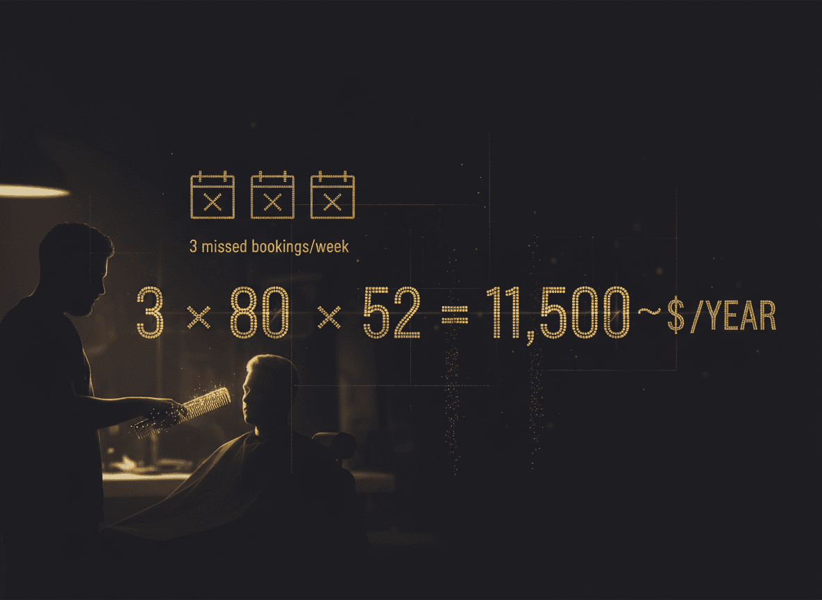 Simple math graphic showing 3 missed bookings/week x $80 x 52 weeks = ~$11,500/year in lost revenue.