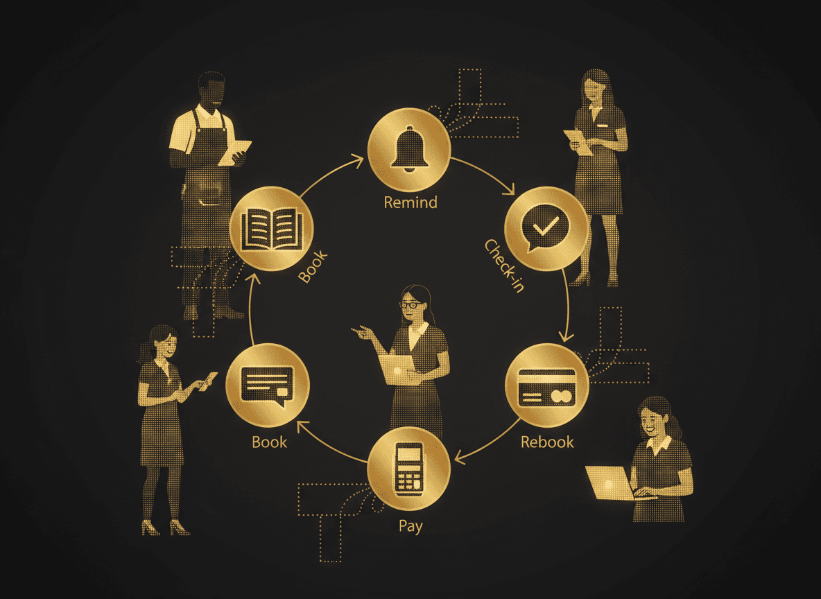 Flow diagram: Book → Remind → Check-in → Pay → Rebook, showing each stage feeding customer data back into the loop.