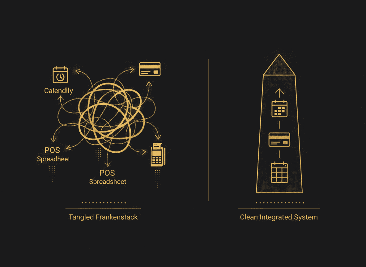Simple annotated diagram comparing a tangled 'frankenstack' (Calendly + Stripe + POS + spreadsheet with tangled arrows) versus one clean integrated system of record.