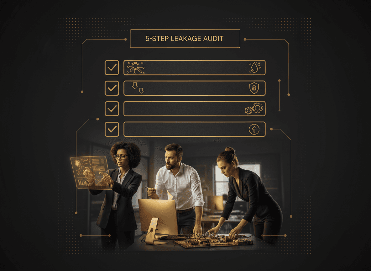 Checklist-style graphic of the 5-step leakage audit that a reader can screenshot and follow.